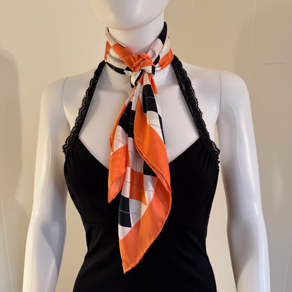 Silk Scarf Square Harlequin Argyle Coral Black White